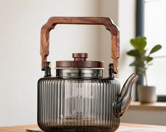 Borosilicate Glass Teapot with Wooden Handle, Heat Resistant Tea Kettle with Infuser, Minimalist Loose Leaf Tea Maker, Modern Tea Gift