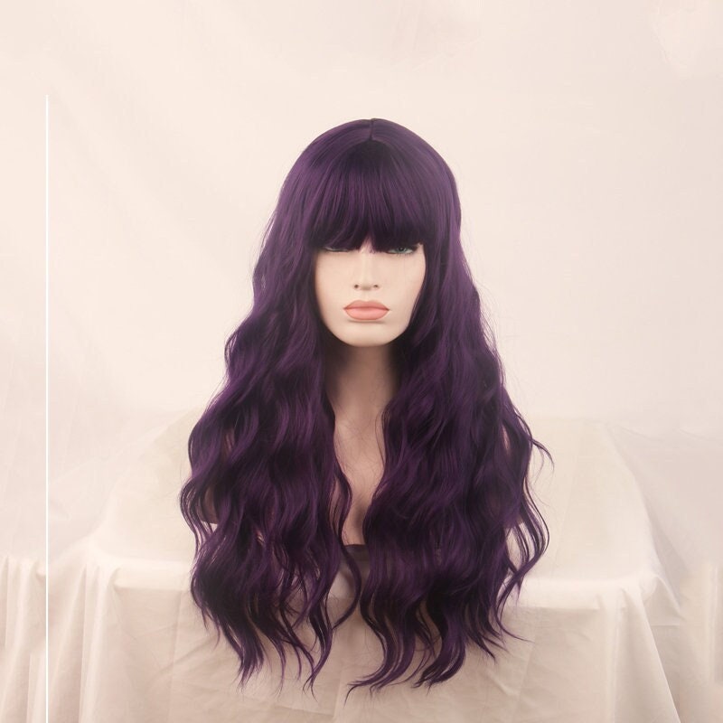 Long Curly Purple Wig: High Temperature Fiber, Bangs Wig - Etsy display picture 3