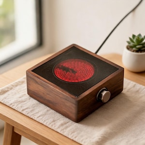 May include: A square electric heating device with a dark wood grain exterior and a black top surface featuring a circular, glowing red heating element. A metallic control knob is positioned on the front side, and a black power cord extends from the back.