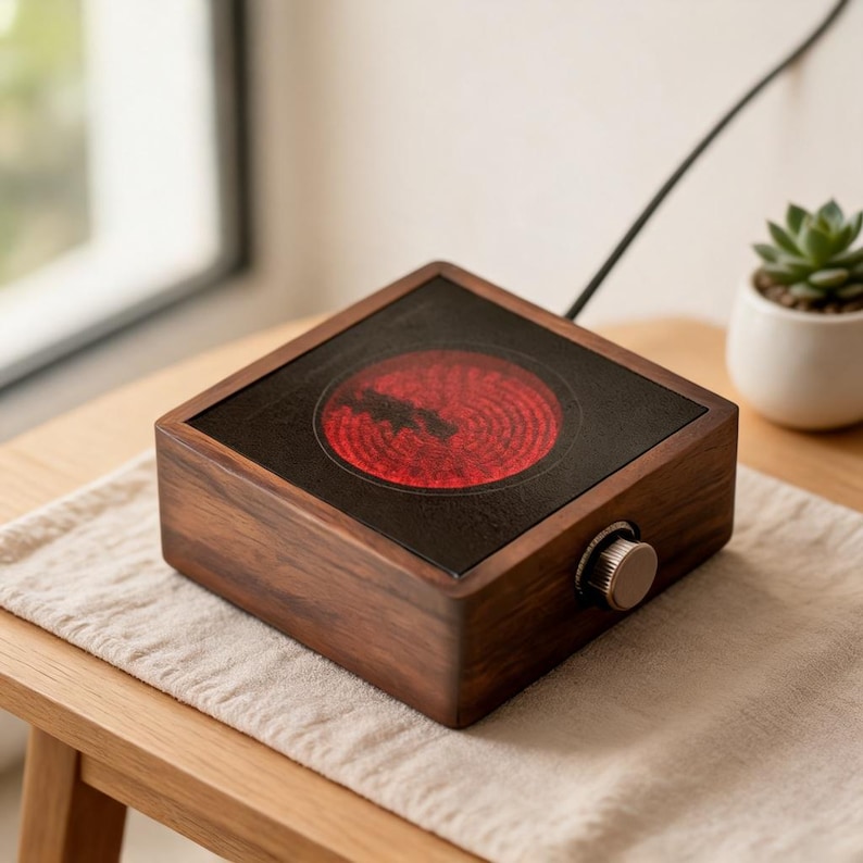May include: A square electric heating device with a dark wood grain exterior and a black top surface featuring a circular, glowing red heating element. A metallic control knob is positioned on the front side, and a black power cord extends from the back.
