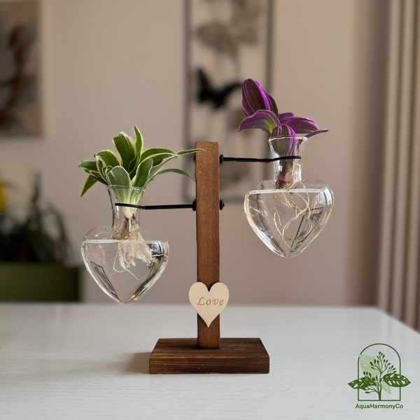 Hydroponics Indoor Gardening Planter & Wooden Plant Stand with Glass Water Vase, Modern Indoor Greenhouse for Home