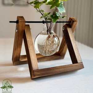 Vermehrungsglasvase mit Holzständer, Hydroponische Schreibtischvase, niedlicher kleiner Blumentopf, Einweihungsgeschenk für Pflanzenliebhaber