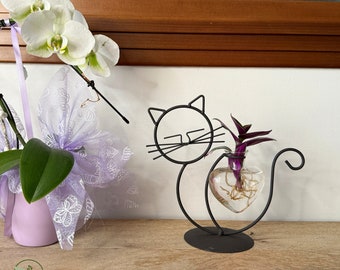 Estación de propagación de vidrio con forma de gato, florero hidropónico con soporte de metal para planta de escritorio de jardín interior