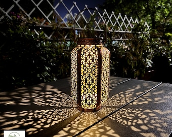 Vintage Solar Hanging Lantern, Brassy Metal Garden and Patio Decor, Waterproof Solar Lights Outdoor, Housewarming Gift