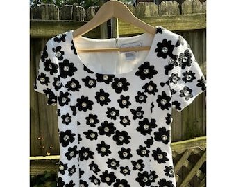 Vintage 80s Adrienne Vittadini Floral Professional Dress Black & White Sz 8 Mod