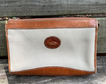 Vintage 80s Dooney & Bourke All Weather Leather Clutch Bag Cream Tan USA Made