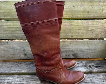 Frye Jane Stitch Riding Boots 77230 Redwood Brown Leather Knee High Tall Size 6B