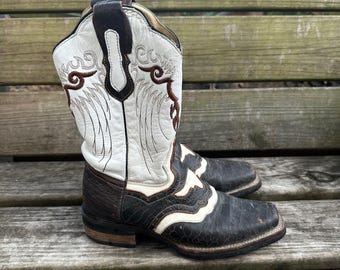 Vintage Arango Women Brown White Leather Square Toe Western Cowboy Boots Sz 7.5