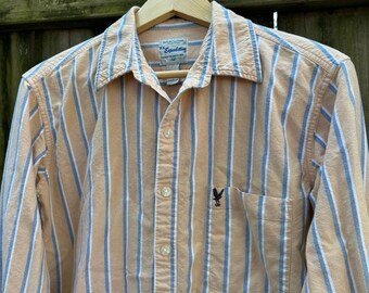Vintage 90s U.S. Expedition Striped Button Down Shirt Butter Yellow Blue Medium