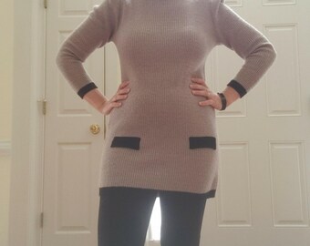 Vintage 70s/80s Neiman Marcus Ami Brown Black Puffed Sleeves Sweater Dress S/M