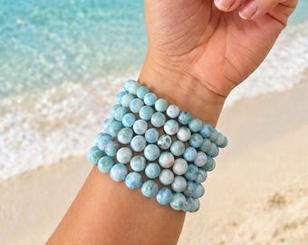 Genuine Larimar Beaded Bracelet, 8mm Natural Blue Gemstone, Handcrafted Dominican Artisan Beads
