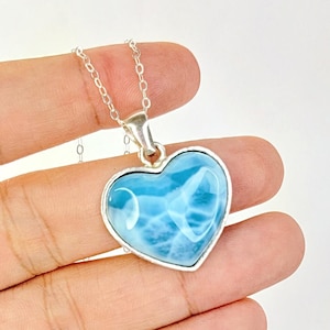 Larimar Heart Necklace, Super Blue and Ocean Pattern Gemstone in 925 Sterling Silver