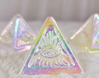Angel Aura Quartz Pyramid, RARE Handcarved Evil Eye Protection, Home Decor, Rare Carved Stone, Titanium Ore, Bismuth Crystals, Fairy Stones