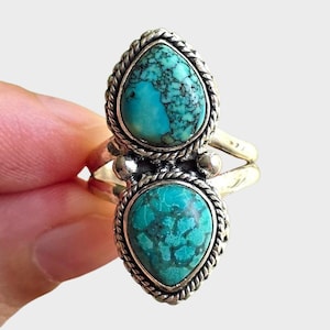 Pierścionek z turkusem tybetańskim, rozmiar 7, prawdziwy kamień szlachetny ze srebra próby 925