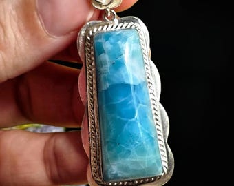 Dominikanischer Larimar Anhänger, Sterling Silber, Blauer Kristall Halskette