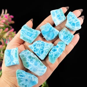 May include: A hand holds several pieces of raw, light blue larimar stones. The stones have a unique pattern of white and blue, resembling ocean waves. The stones are irregularly shaped and vary in size, with a natural, unpolished appearance.