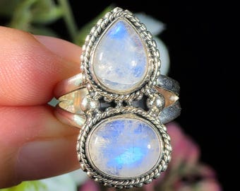 Rainbow Moonstone Ring, Ethereal Ring, Witchy Ring, June Birthstone Ring, Moon Goddess Ring, Divine Feminine Jewelry - Sz 8