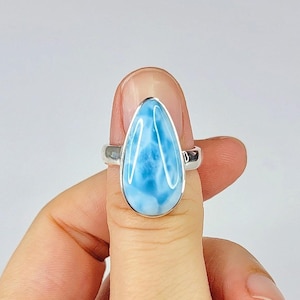 Larimar Ring In 925 Sterling Silver, AAA Genuine Natural Gemstone From Dominican Republic, Super Blue Crystal For Anxiety & Stress Relief