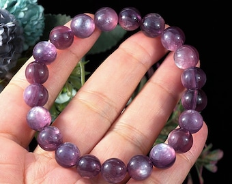 Pulsera de lepidolita, pulsera de cuentas de cristal púrpura, joyería de piedras preciosas naturales para calmar y aliviar el estrés.