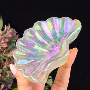 Puede incluir: Plato de vidrio iridiscente en forma de concha. El plato tiene un acabado nacarado con tonos de morado, verde y amarillo. El plato de concha se sostiene en una mano, con un fondo negro y vegetación en el fondo.