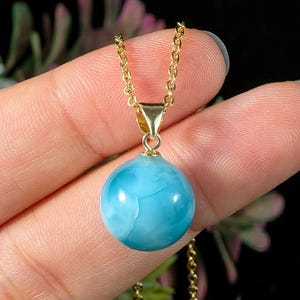 Larimar Sphere Necklace, 14k Gold Filled Jewelry, Super Blue Crystal From Dominican Republic, Small High Grade Ball
