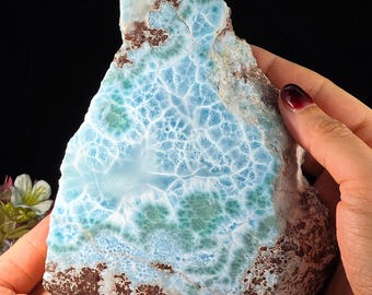 Large Larimar Raw Stone 877g, AAA Semi-polished Blue Dominican