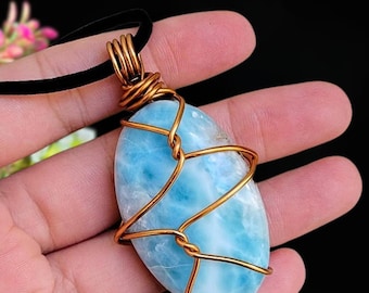 Draht Gewickelt Larimar Anhänger, Blauer Edelstein, Hals Chakra Kristall Schmuck