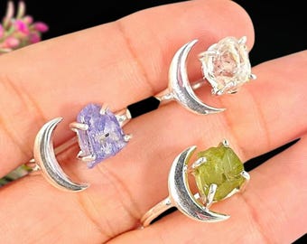 Sterling Silver Crescent Moon Ring, Raw Crystal Statement Jewelry, Adjustable Size