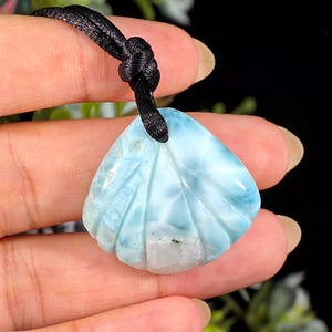 Larimar Seashell Necklace, Sky Blue Crystal Carving, Dominican Republic Gemstone