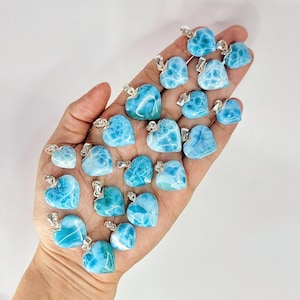 Larimar Heart Pendant, AAA Blue Crystal Necklace in 925 Sterling Silver from Dominican Republic