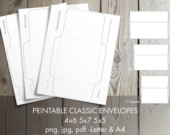 Modèle d'enveloppe imprimable classique Jpg Png Pdf téléchargement numérique pour A7 A6 & 5 enveloppes carrées Imprimez et découpez des enveloppes pour carte 5 x 7 4 x 6 5 x 5