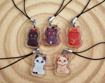 Mavuika, Arlecchino, Amber, Hu Tao, and Yoimiya Phone Charms - Genshin Cat Illustration