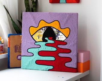 TEARS OF JOY in funky style - unique large 3D textile painting with mirror mosaic, funky disco decoration, eclectic eye, dopamine color
