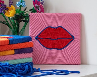 USTA 02 - textile painting in funky style, pop art painting with lips, graphic with lips, eclectic gallery, unique decoration, doodle art