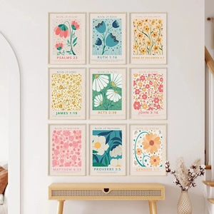 Christian Art bundle, Set of 9, Bible flower wall art, Christian Floral colorful Art, Digital Art Download, Trendy Gallery Wall, Scripture