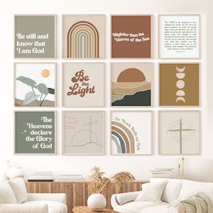 Christian Wall Art Set of 12, Beige Earth tones Neutral Gallery Wall, Rainbow Art print, Nursery Wall Art, Scripture Art, Bible, Cross Art