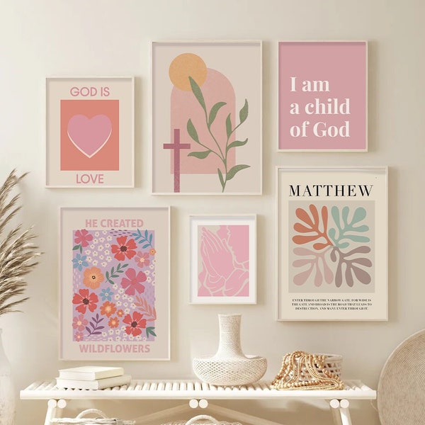 Christian Art bundle, Pink Set of 6, Bible Boho wall art, Christian home decor, Flower Art, Digital Art Download, Trendy Gallery Wall Art