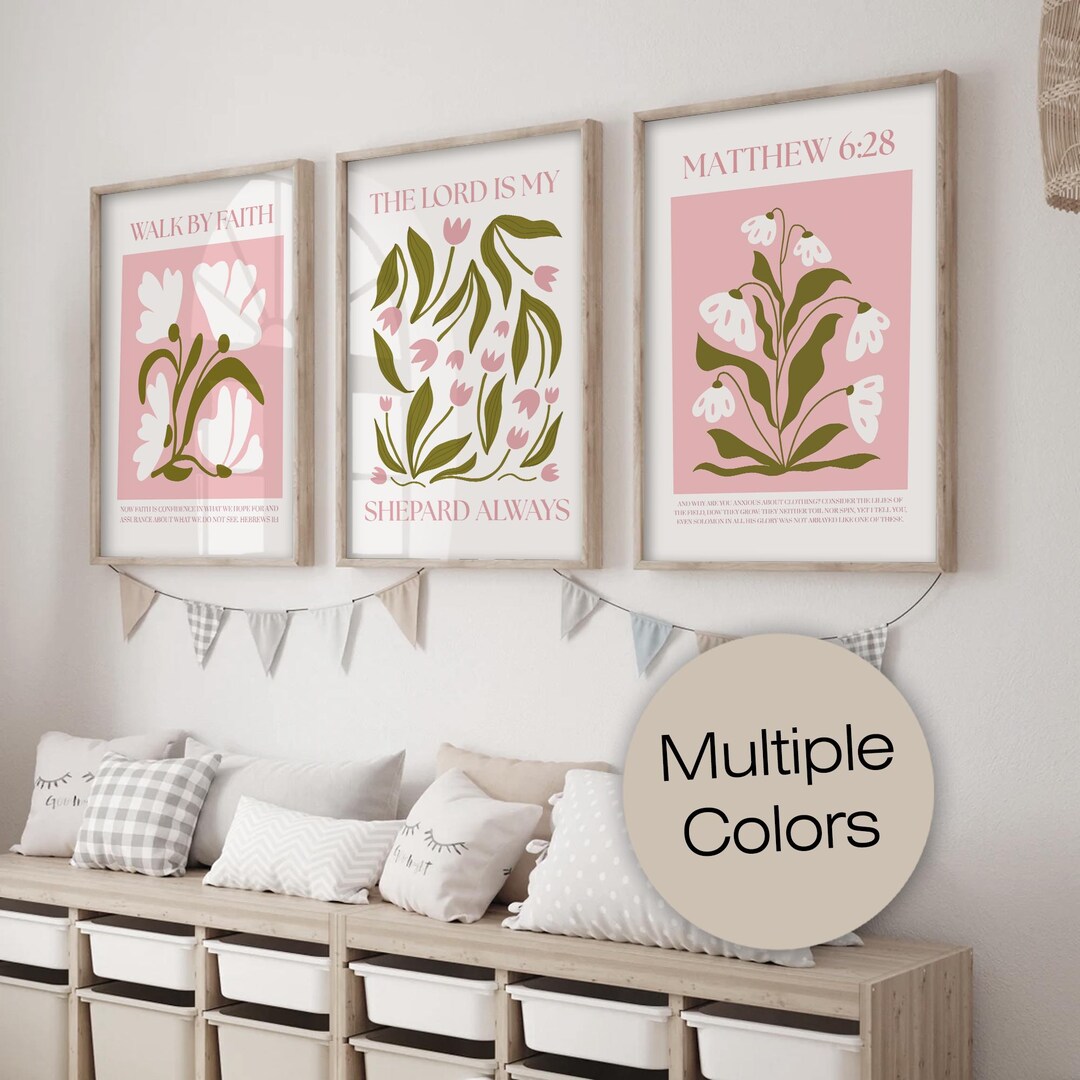 Pink Christian Wall Art Set Floral Bible Verse Prints Pastel Faith ...