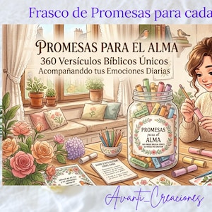 May include: An illustration of a woman with a jar filled with colorful scrolls labeled "Promises for the Soul." The image includes text in Spanish, pencils, flowers, and a cup of coffee, creating a cozy, inspirational theme.