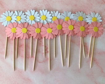 Topper per cupcake Daisy Pink Decorazioni per feste Fiore di margherita Cupcake Pick Topper floreale Daisy Party Fiore Tema per feste Set di topper per cupcake floreale con margherita