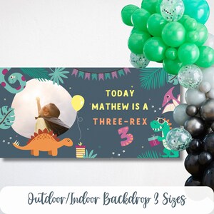Fondo de cumpleaños personalizado de tres Rex, decoración de cumpleaños de niño de tres Rex, fondo de dinosaurio, pancarta de cumpleaños de niño de tres años, dinosaurio 3