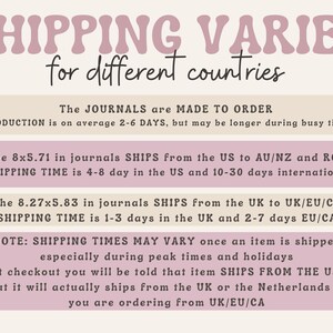 May include: A graphic with text in a retro font that reads "SHIPPING VARIES for different countries." Additional text provides details about journal production and shipping times from the US and UK.