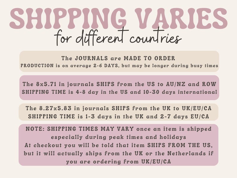 May include: A graphic with text in a retro font that reads "SHIPPING VARIES for different countries." Additional text provides details about journal production and shipping times from the US and UK.