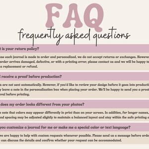 May include: A cream-colored graphic with the text "FAQ frequently asked questions" in a stylized font. The text is followed by a list of questions and answers about the shop's policies, including returns, proofs, and customization options.