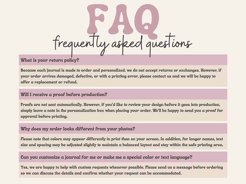 May include: A cream-colored graphic with the text "FAQ frequently asked questions" in a stylized font. The text is followed by a list of questions and answers about the shop's policies, including returns, proofs, and customization options.