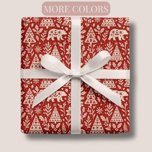 Scandinavian Wrapping Paper Roll Nordic Christmas Gift Wrap Minimalist Winter Pattern Scandi Holiday Paper Sheet Folk Bear & Tree Design