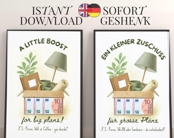 Puede incluir: Dos impresiones artísticas enmarcadas. La impresión de la izquierda dice "A LITTLE BOOST" y muestra una caja con dinero, una lámpara y otros objetos. La impresión de la derecha dice "EIN KLEINER ZUSCHUSS" y tiene imágenes similares. Ambas impresiones tienen texto en la parte inferior.