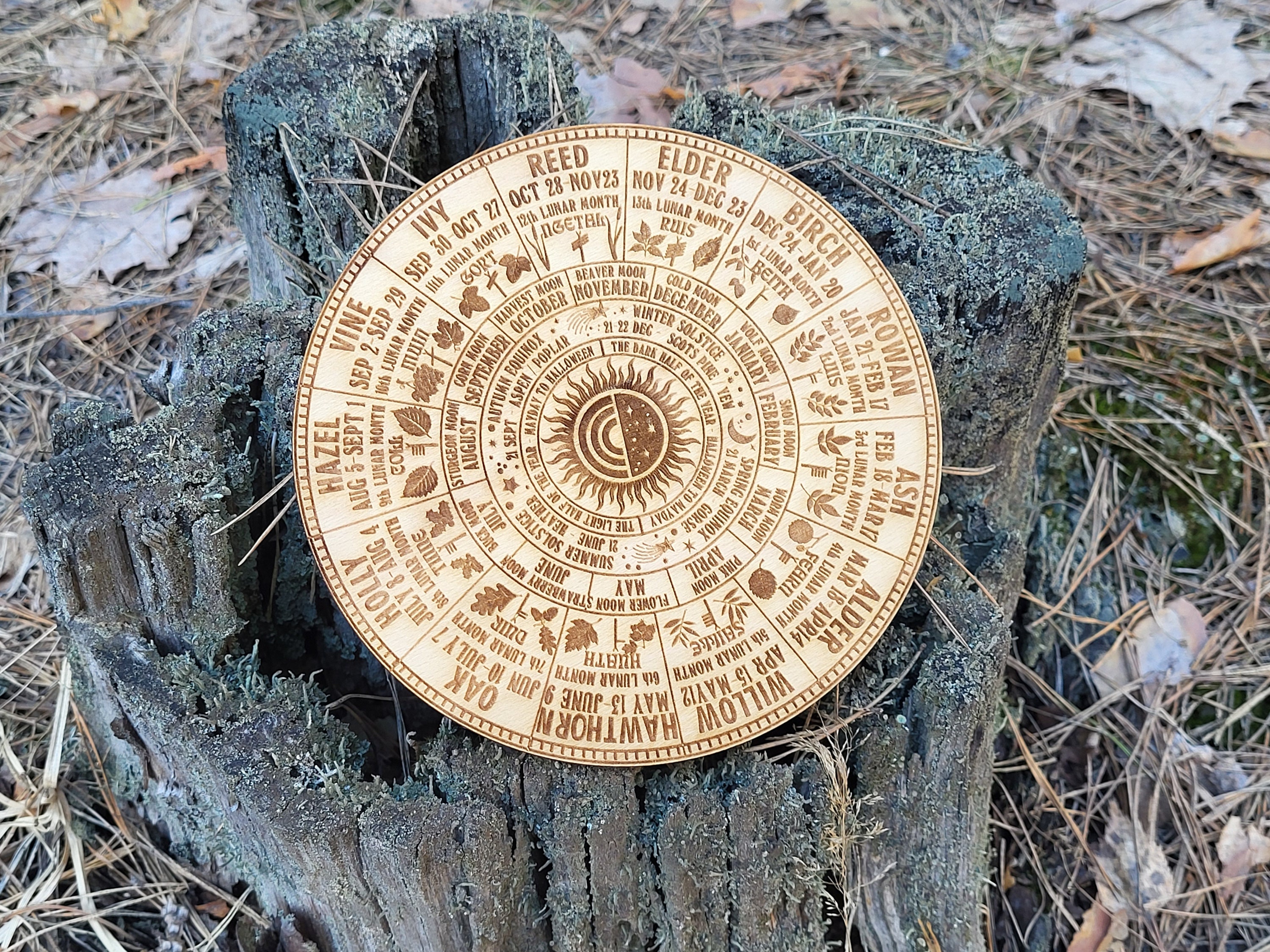 Engraved Wooden Ogham Tree Calendar Celtic Wheel Of Life Etsy