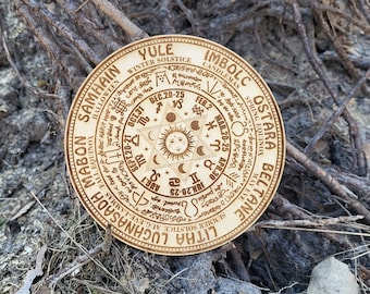 Engraved Wooden Wiccan Wheel of The Year Calendar, Pagan Altar Art