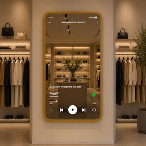 May include: A rectangular wall mirror with a thick mustard yellow frame, displaying a digital music player interface overlay. The screen shows the song Beggin' by Måneskin, playback controls, and a progress bar, reflecting a retail clothing store interior.